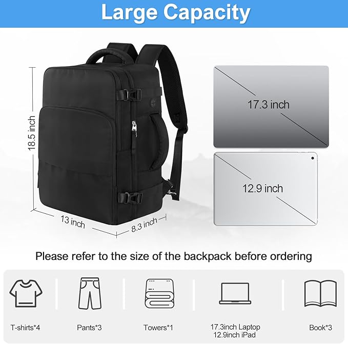 Sinaliy Travel Backpack, Carry on Flight approved Travel Bag with Multi-Pockets, Waterproof 17.3inch Laptop Backpack for Men Women, Black