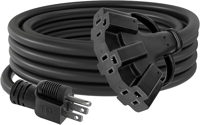 2FT 12/3 Outdoor Extension Cord with Multiple Outlets 12 Gauge 3 Outlet Heavy Duty Power Cord Splitter Flexible 3 Way Power Cable Waterproof 12AWG 15A 1875W SJTW,ETL Listed
