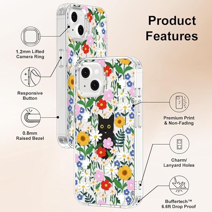 MOSNOVO for iPhone 13/14 Case | Military Grade 6.6ft Drop Tested | Clear with Black Cat in Garden Design