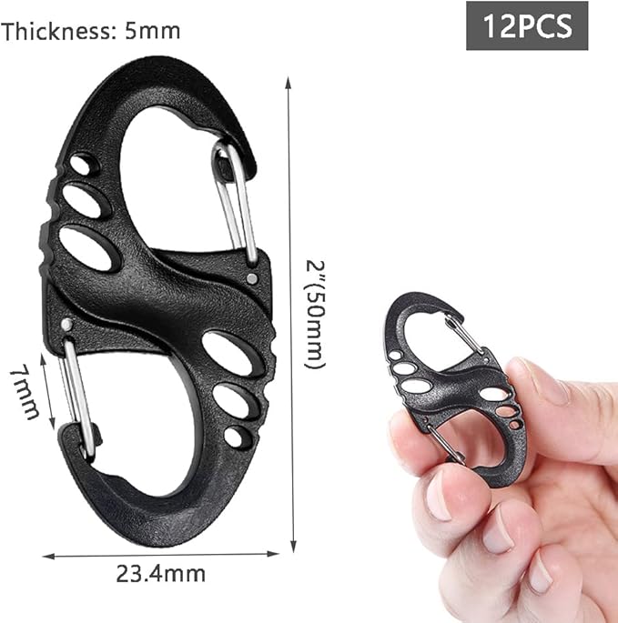 12 Pack 2" Carabiner Clip Plastic S Carabiner Clips Paracord Keychain Hooks for Key Chain Backpacks Bags Zipper Clip Accessories