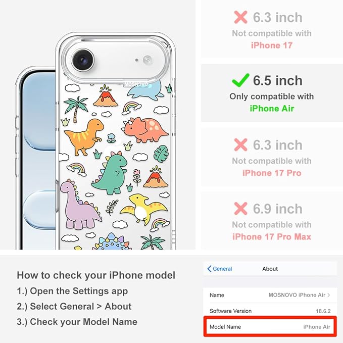 MOSNOVO for iPhone Air Case | Military Grade 6.6ft Drop Tested | Camera Control | Clear with Dinosaur Land Design