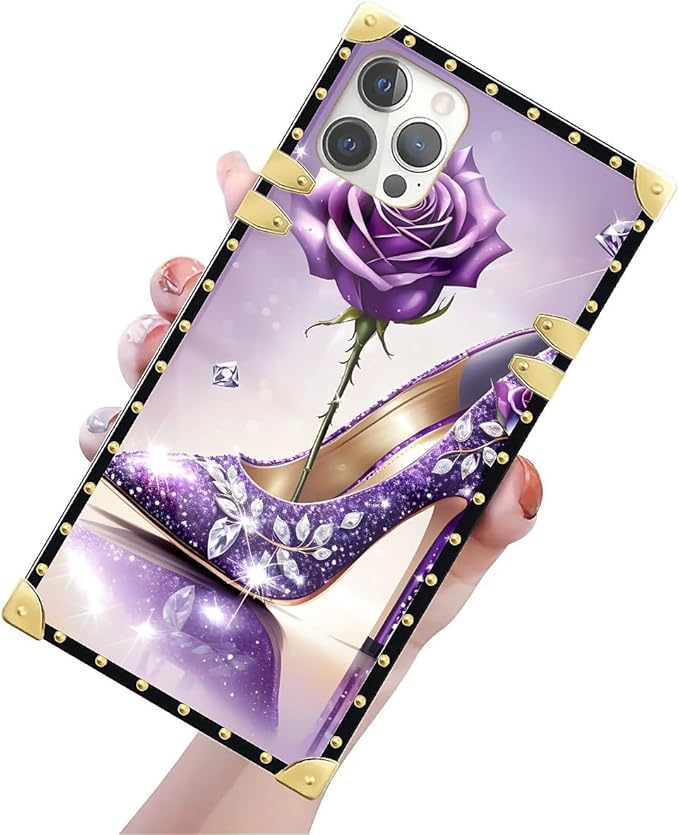 Compatible with iPhone 12 12 Pro Case, High Heeled Purple Diamond Rose Luxury Golden Decoration for Girl Women Soft TPU Shockproof Protective Hard PC Back for iPhone 12 12 Pro