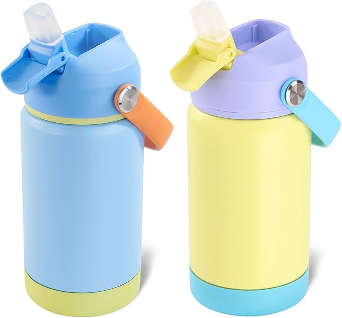 Kerilyn 12oz Kids Water Bottle 2 Pack, Stainless Steel Insulated Water Bottle Bulk, Toddler Cups with Straws Leak-Proof, Kids Water Bottles for School Boys Girls, BPA Free, Cream + Sky 2 Piece Set