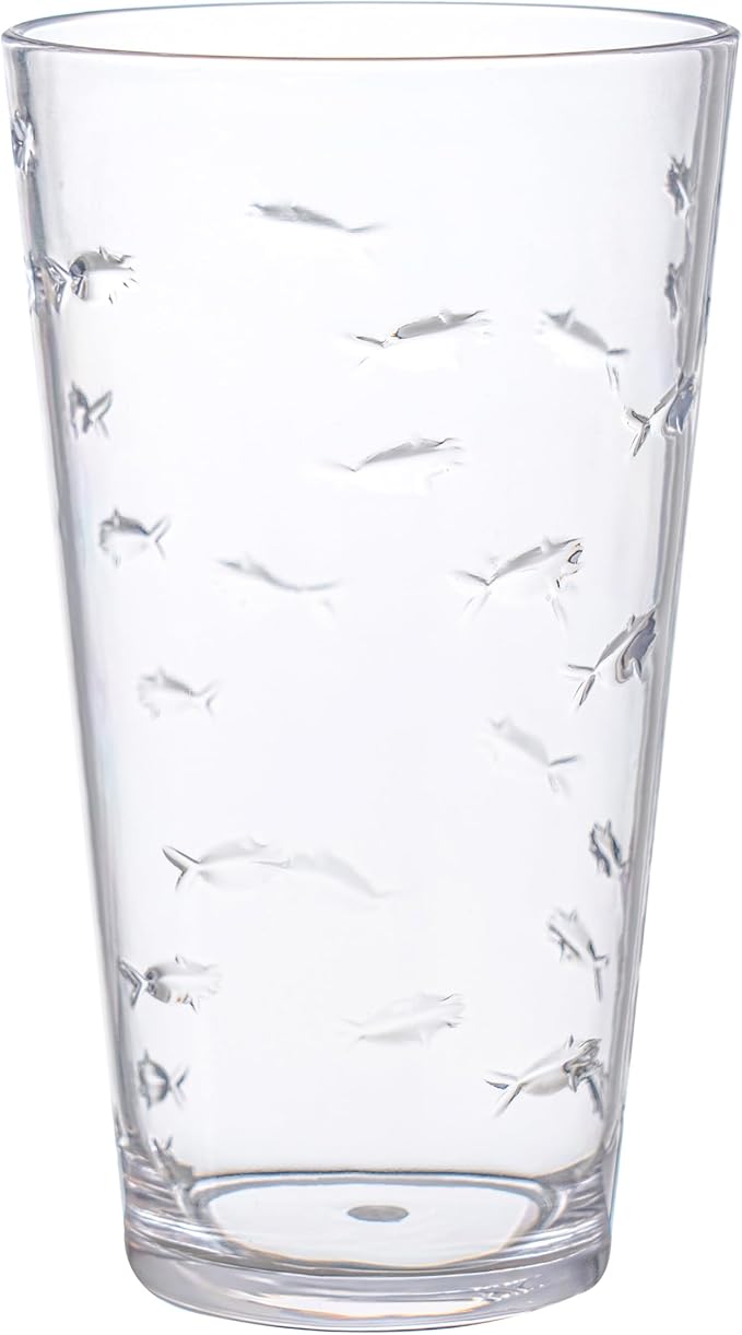 KLIFA- CHARLESTON- 19 oz, Set of 6, Acrylic Fishing Highball, School of Fish Drinking Glasses, BPA-Free, Stackable Plastic Drinkware, Dishwasher Safe Cups, Clear