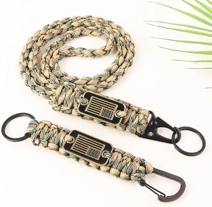 2pcs Heavy Duty Braided Paracord Lanyard Keychains with USA Flag, Parachute Rope Necklace for Outdoor Activities