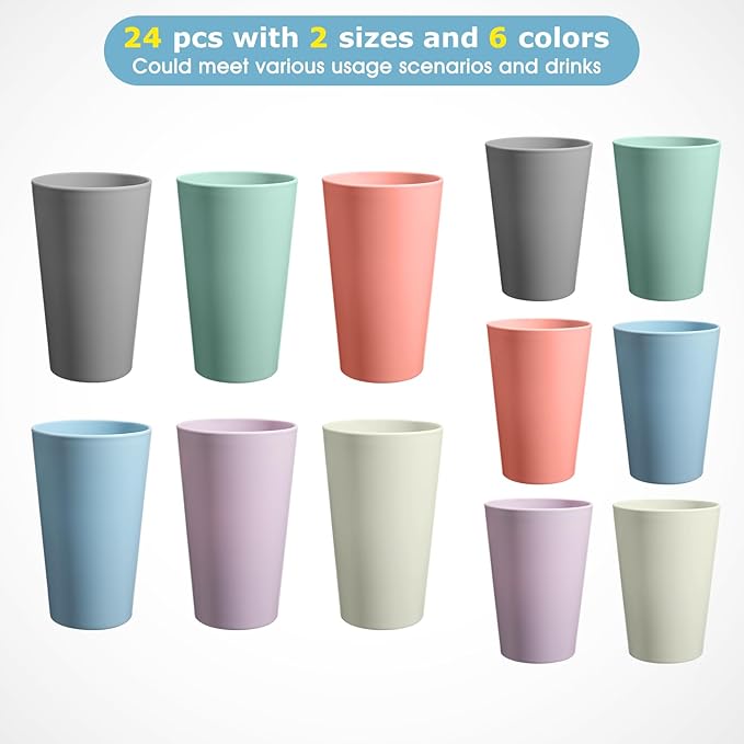 HEYCOME 24 Pcs Unbreakable Plastic Cups Set, 12 Pcs 14 oz and 12 Pcs 20 oz Reusable Plastic Cups, Stackable Water Tumblers, Drinking Cup for Kitchen, BPA-free, Dishwasher and Microwave Safe, 6 Colors