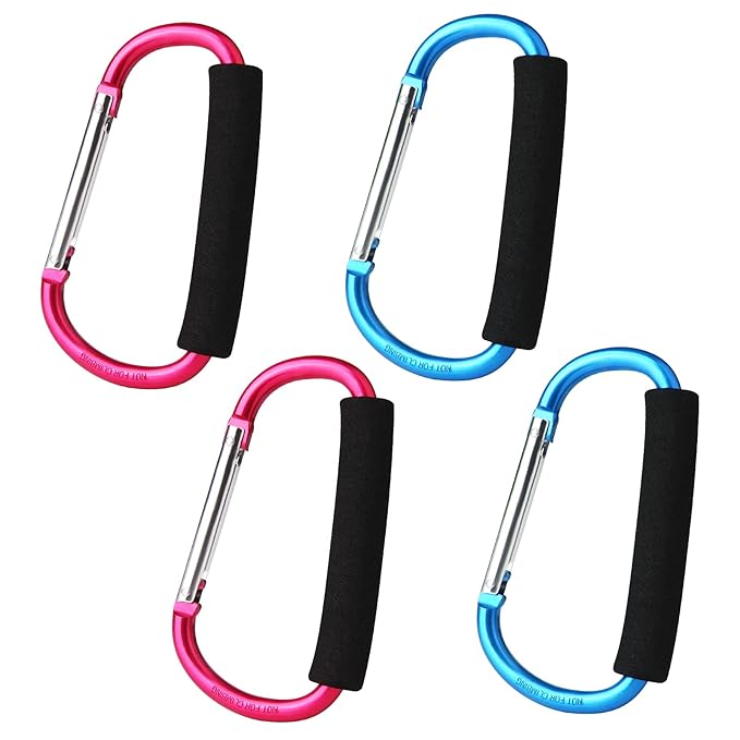 4 Pack Large Carabiner 5.5" D Style Click and Carry Bag Carrier Stroller Hooks(Light Blue and Rose red)