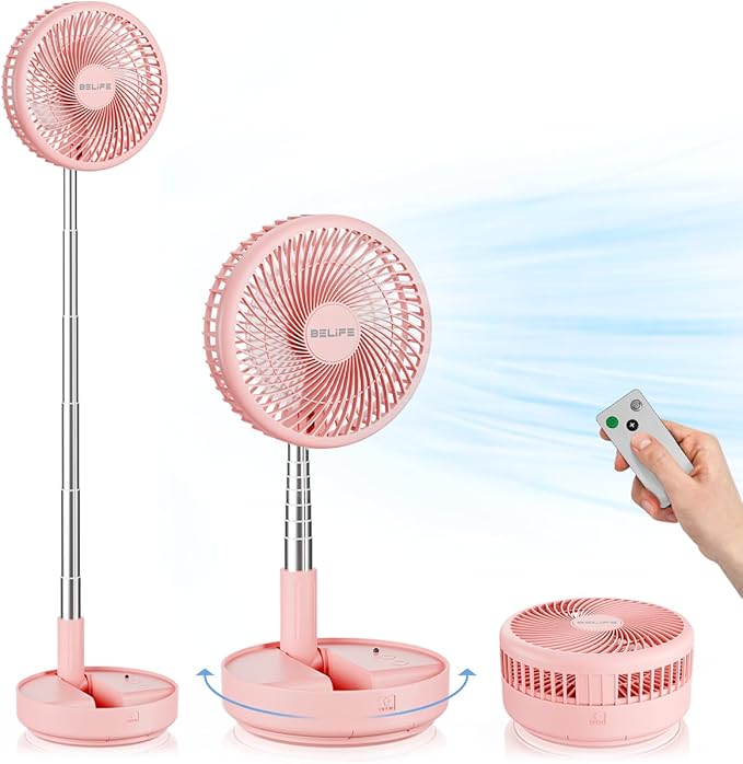 Belife X8 Portable Fan, 7200mAh Battery Powered Rechargeable, Oscillating USB Desk Floor Fan with Remote, Foldable Telescopic Fan for Home Bedroom Sleeping Office Camping Travel, 7.7" (Pink)