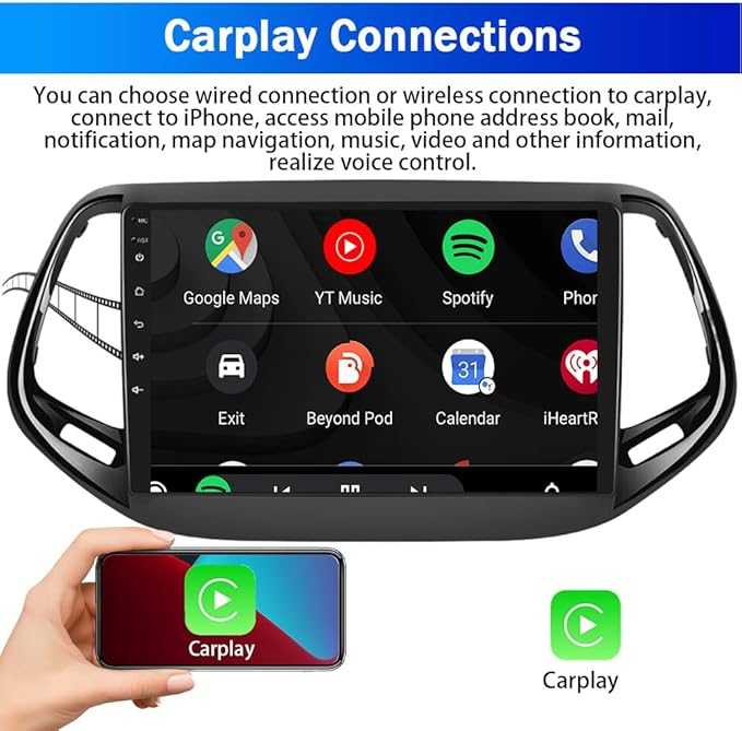 10" Android 13 Car Stereo for Jeep Compass 2017-2019, 2.5D 1080P HD Touch Screen, 2+32GB, Wireless for CarPlay/Android Auto, GPS, Bluetooth, Car Radio Player