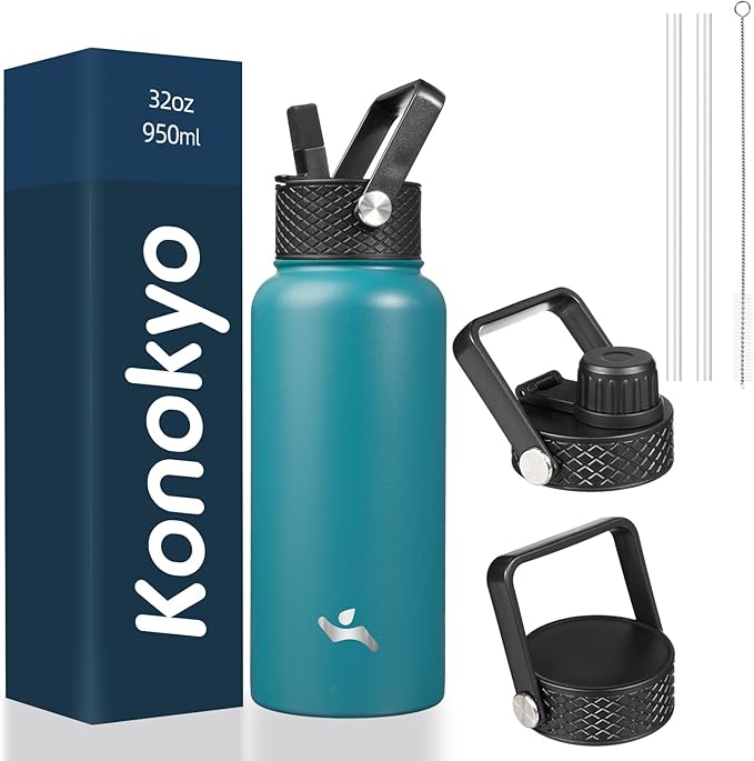 Konokyo 32 oz Insulated Water Bottle Stainless Steel Sport Bottles with 3 Lids,Light Blue