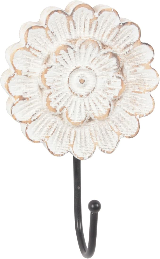 dwellington Distress Wood Flower Coat Hooks for Wall Hanging, Single Small Vintage Decorative Hanger for Keys, Bags, Towels (Long Hanger)