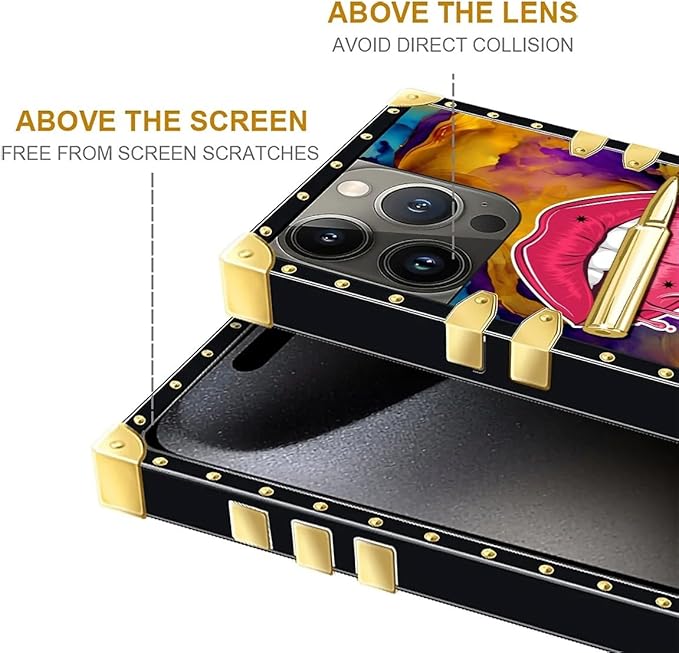 Compatible with iPhone 16 Pro Max Case, Cool Corlorful Lip Marble Luxury Golden Decoration for Girl Women Soft TPU Shockproof Protective Hard PC Back for iPhone 16 Pro Max