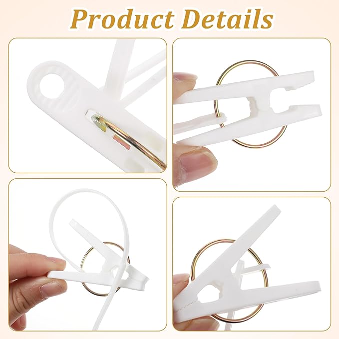 15 Pack Laundry Hooks with Rope, Multi-Purpose Clothes Pins & Hanging Clips for Closet Organizer, Windproof Drying Rack Accessories for Pants, Socks, Bras, Towels, Hats, Baby Clothes (White)