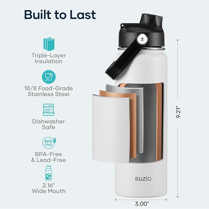 BUZIO 24 oz Water Bottle Insulated, Leakproof Stainless Steel Flask (Cold for 48 Hrs), Wide Mouth BPA-Free Metal Thermo Hydro Canteen with 2 Lids, White