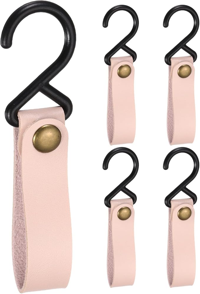 uxcell 5pcs PU Leather Hooks, Leather Straps with Hooks, S-Shape Hooks for Outdoor Camping Hanging Pots Pans Utensils Pink