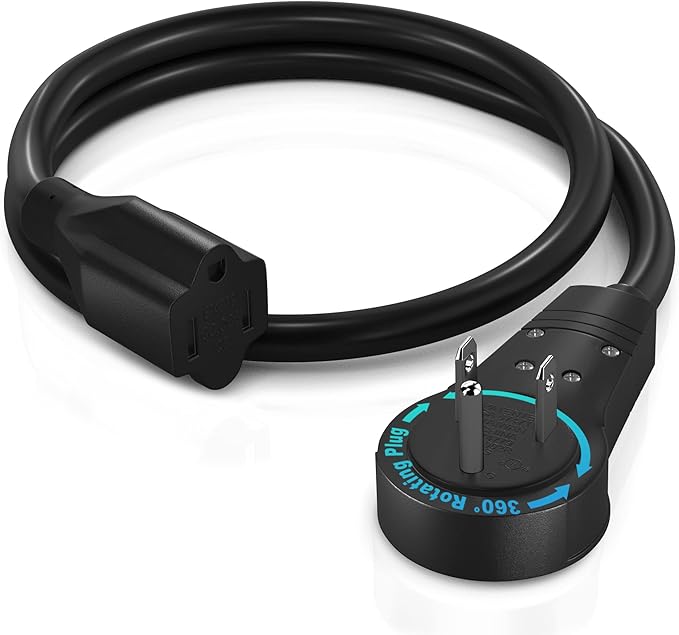 Maximm Cable 1 Foot 360° Rotating Flat Plug Extension Cord/Wire, 3 Prong Grounded Wire 16 Awg Power Cord - Black - UL Certified