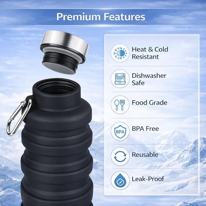 Collapsible Water Bottles,16oz Capacity Portable Reusable Silicone Water Bottle,Leak-proof,with buckle,foldable storage,Lightweight Durable for Fitness,Cycling,Sports,Camping,Hiking (Deep Black)
