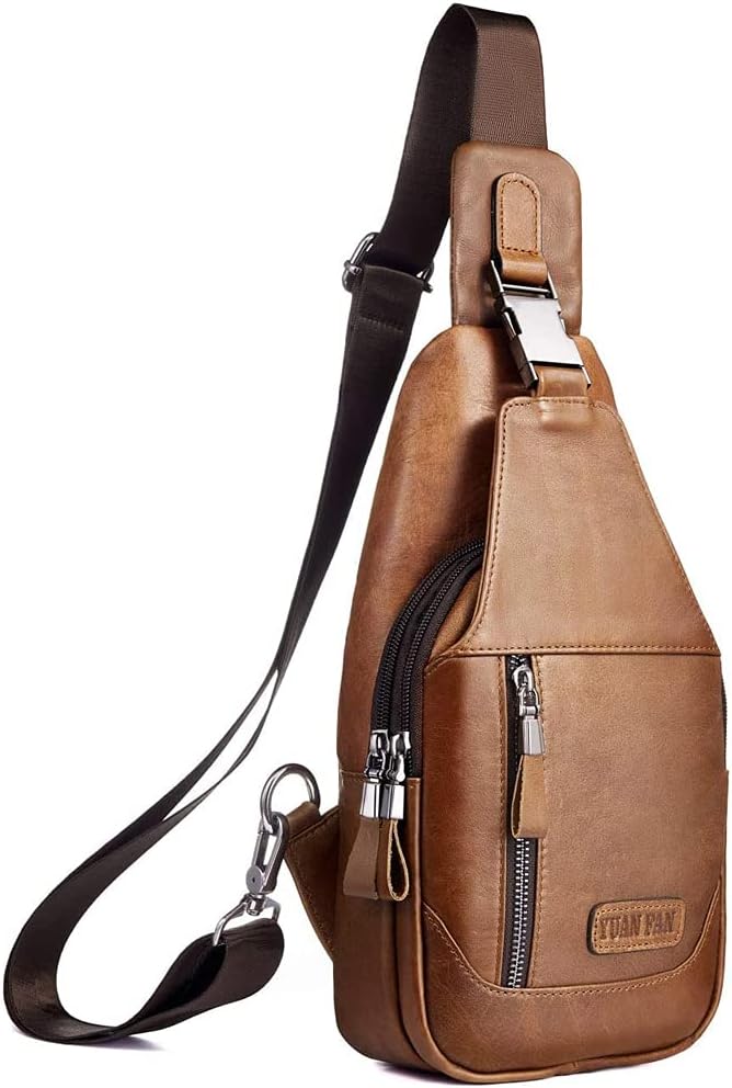 Hebetag Leather Sling Bag Hiking Daypack for Men Women Outdoor Travel Camping Fishing Crossbody Shoulder Chest Pack Daypack Small Brown