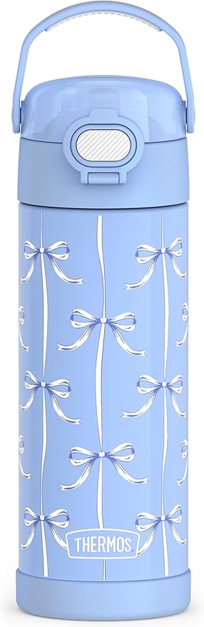 THERMOS FUNTAINER 16 Ounce Stainless Steel Vacuum Insulated Bottle with Wide Spout Lid, Blue Bows