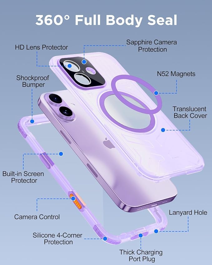 for iPhone 17 Waterproof Case with Magsafe, Built-in [Camera & Screen Protector] [Lanyard], IP68 Water Proof Full Body Dustproof Heavy Duty Frosted Protective Phone Cover, 6.1" Purple