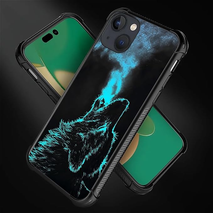 for iPhone 14 Case, Blue Breathing Wolf Pattern Graphic Design Girl Boy Soft Silicone Hard Acrylic Shock Protection for iPhone 14
