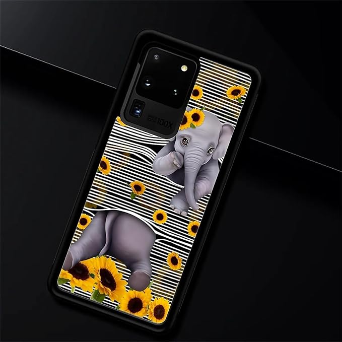 for Samsung Galaxy S20 Ultra Case, Cute Little Elephant Sunflower White Line Art Pattern Graphic Design Soft Silicone Hard Acrylic Shock Protection for Samsung Galaxy S20 Ultra