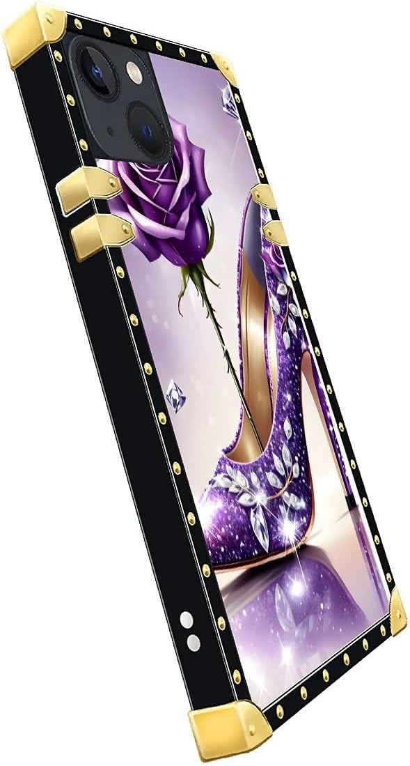 Compatible with iPhone 14 Case, High Heeled Purple Diamond Rose Luxury Golden Decoration for Girl Women Soft TPU Shockproof Protective Hard PC Back for iPhone 14