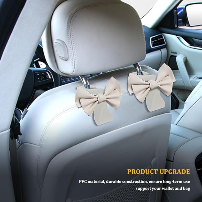 2PCS Car Hooks for Purses and Bags, Cute Bow Car Seat Headrest Hook, Car Accessories Multipurpose Back Seat Hanger Storage Organize Universal for Vehicles (2PCS-White Bowknot)
