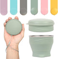 Collapsible Travel Cup with Lid (6oz/180ml) - BPA Free Silicone Folding Cup with Stainless Steel Rim - Portable Pocket Cup for Mouthwash, Pills, Hiking, Camping & Kids(Lake Green)