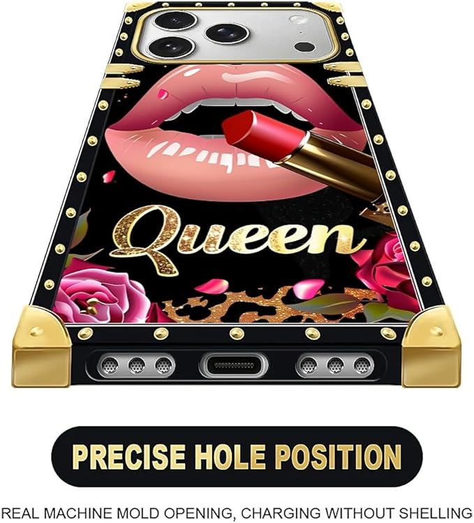 for iPhone 17 Pro Case Luxury Golden Decoration for Girl Women Soft TPU Shockproof Protective Hard PC Back for iPhone 17 Pro Crazy Pattern Glitter Red Rose Queen Leopard Lipstick