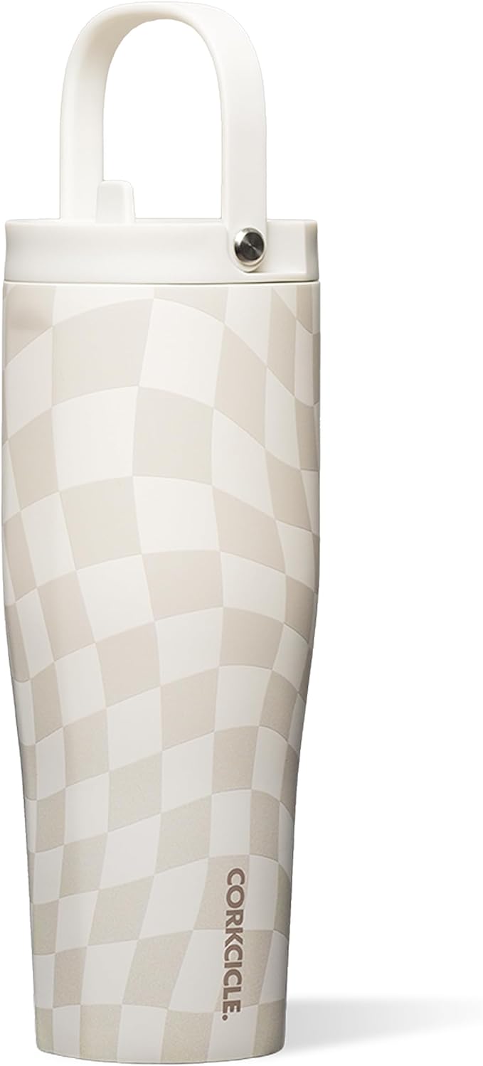 Corkcicle Go Cup XL - Leak-Proof Travel Tumbler - Triple Insulated Stainless Steel Water Bottle - Easy-Carry Handle - Summer Drinkware Gift - Keeps Drinks Ice Cold - 30 oz - Wavy Checkerboard