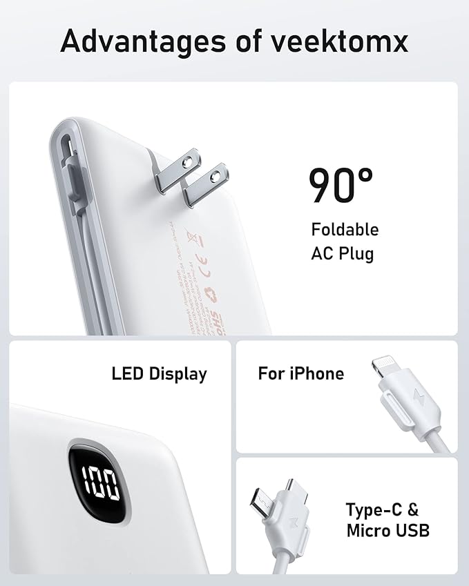 VEEKTOMX Portable Charger with Built in Cables 10000mAh, Power Bank for iPhone with AC Wall Plug, Fast Charging USB C Slim Battery Pack with LED Display Compatible with iPhone 17/16/15/14, Samsung