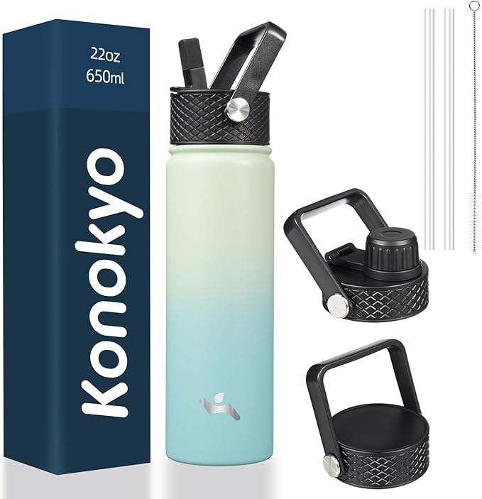 Konokyo 22oz Stainless Steel Bottles with 3 Lids Sport Insulated Water Bottle,Mint