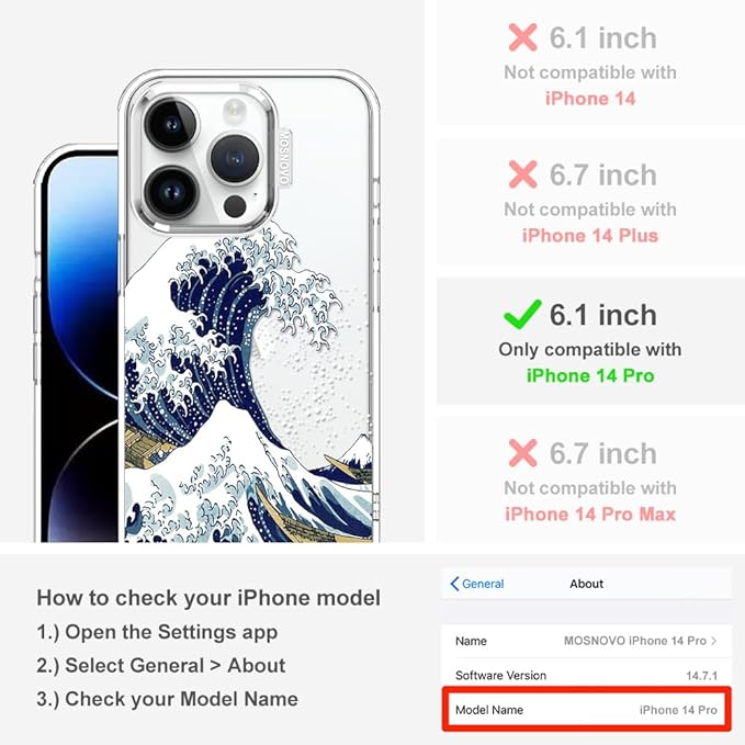 MOSNOVO Case for iPhone 14 Pro, [Buffertech 6.6ft Military-Grade Drop Protection] [Anti Peel Off Tech] Clear TPU Bumper Phone Case Cover Design - Great Wave