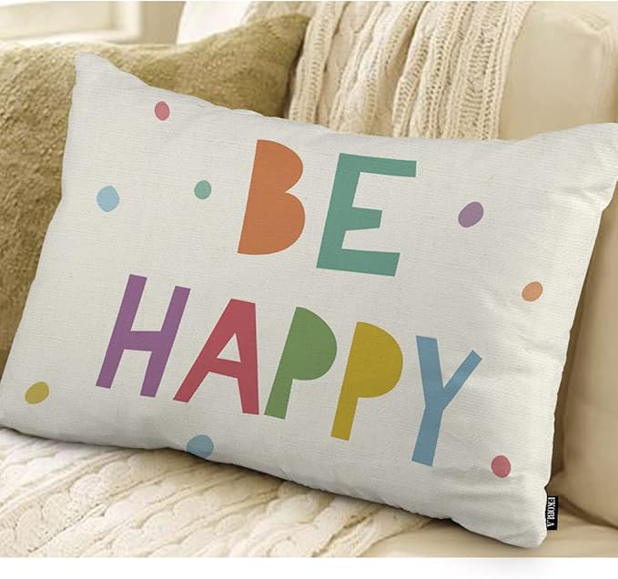 EKOBLA Be Happy Home Decorative Rectangle Pillow Cases Colorful Dots Cheerful Typography Lumbar Cotton Linen Throw Pillow Covers Cushion Case Rectangle Oblong 12x20 Inches