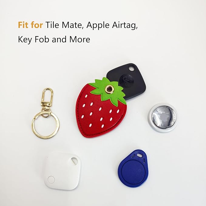 Universal Smart Tag Holder Fit for Tile Mate, AirTag, Galaxy SmartTag, eufy SmartTrack Link, Key Fob, Leather Cute Air Tracker Case with Key Rings, (Strawberry)