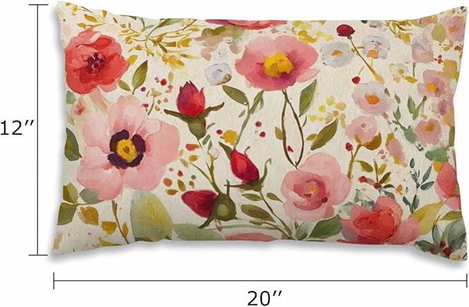 EKOBLA Peony Flower Decorative Throw Pillow Case Vintage Hand Drawn Floral Colorful Leaves Lumber Pillow Cases for Outdoor Square Couch Chair Cushion Cover Cotton Linen 12x20 Inches