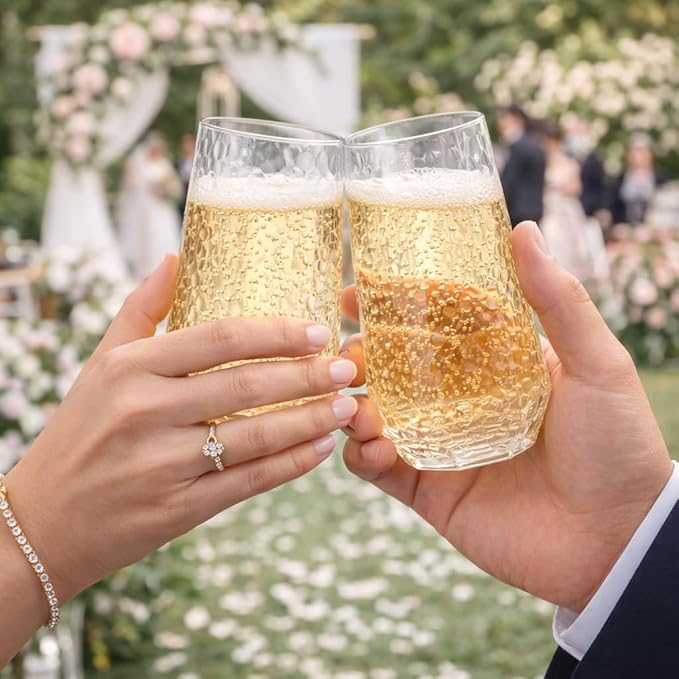 Oojami 48 Pack Plastic Champagne Flutes Disposable Stemless, 24 x 9oz Flutes & 24 x 12oz Cups, Mimosa Glasses Ribbed Ripple BPA-Free Shatterproof for Weddings Parties Events, (Hammered Diamond Clear)