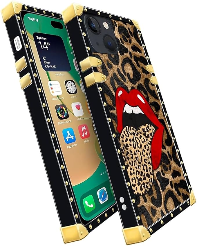 Compatible with iPhone 14 Case, Brown Leopard Print Mouth Luxury Golden Decoration for Girl Women Soft TPU Shockproof Protective Hard PC Back for iPhone 14