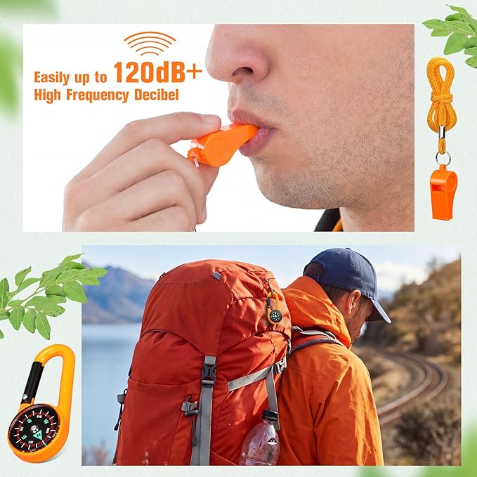 Honoson 24 Pcs Emergency Whistle and Compass Kit, 12 Survival Whistle with Lanyards Loud Blast 12 Magnetic Compass Keychain for Hiking Camping Orienteering Outdoor Navigation Accessories