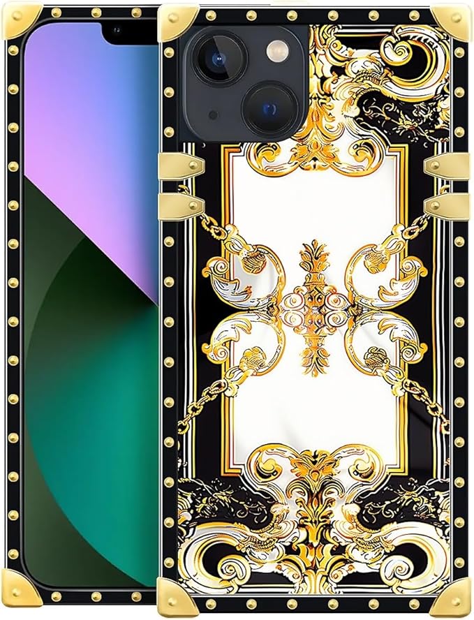 Compatible with iPhone 13 Case, Gold Grain Flowers Luxury Golden Decoration for Girl Women Soft TPU Shockproof Protective Hard PC Back for iPhone 13