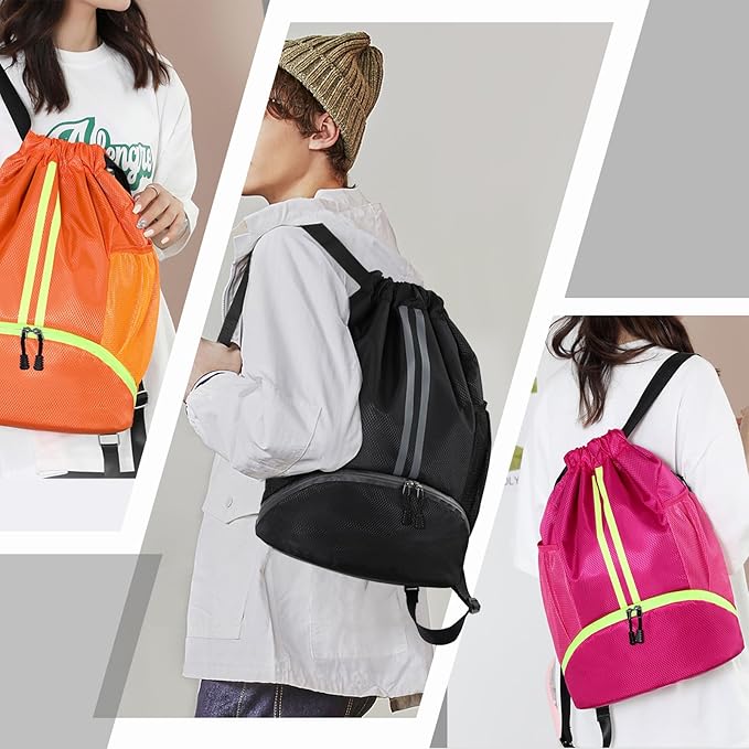 Hoedia Sports Drawstring Backpack - String Swim Gym Bag with Shoes Compartment and Wet Proof Pocket for Women and Men