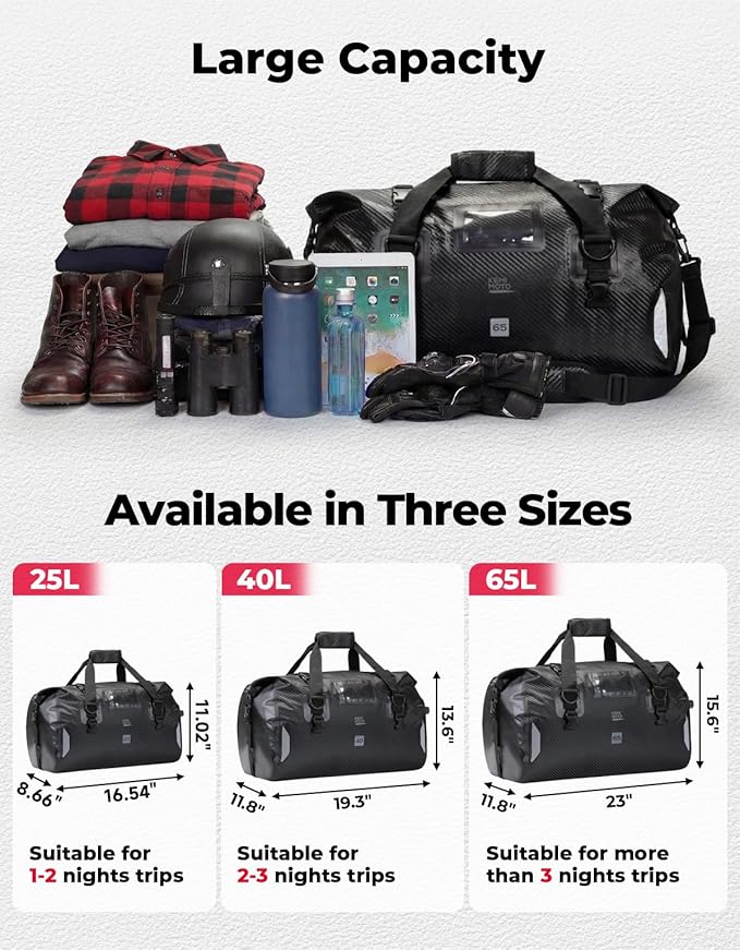 KEMIMOTO Waterproof Motorcycle Dry Bag – Duffle Tail Bag Soft Luggage, 25L/40L/65L Large Capacity with 4 Quick-Release Straps, Dustproof for Touring, Adventure, Motorcycling & Camping Black
