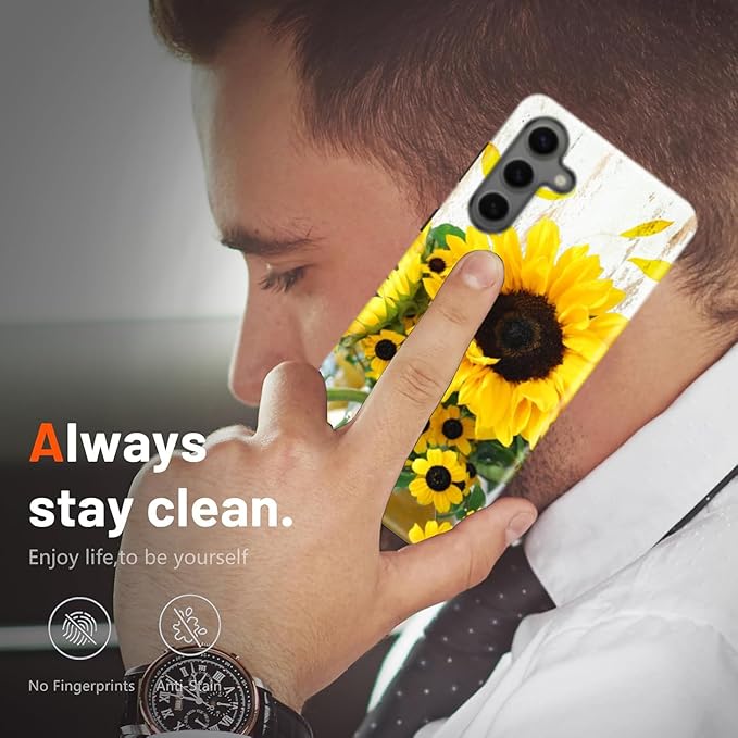 Compatible for Samsung Galaxy S24 FE 5G Case, Dual Layer Heavy Duty 2 in 1 Shockproof Protective Phone Case,Wood Grain Sunflowers