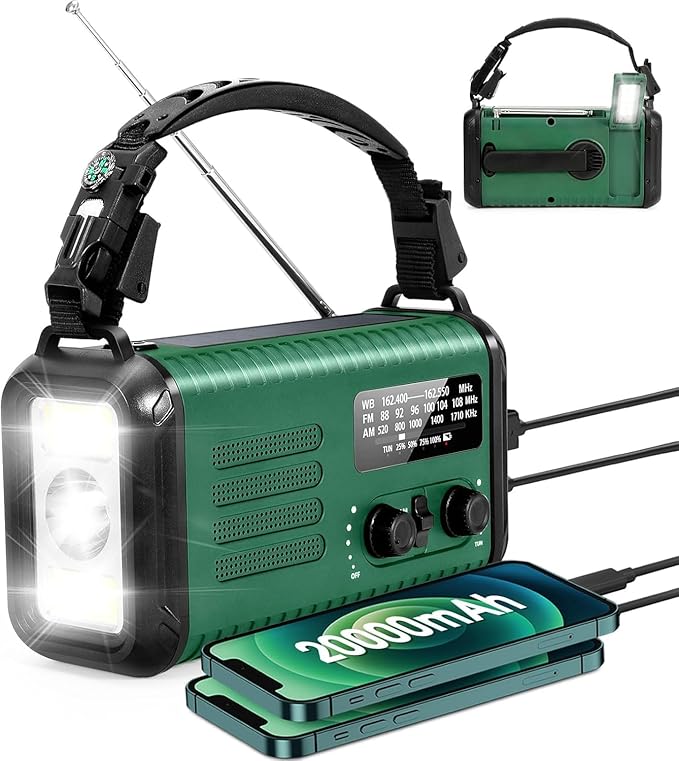 Hand Crank Emergency Radio, NOAA Weather Radio with AM/FM & Solar Radio, 20000MAH Rechargeable Battery Powered, Cell Phone Charging, Flashlight Reading Lamp Headphone Jack, SOS Alarm for Emergency