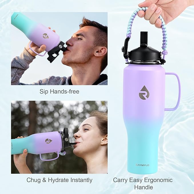 RAYMYLO Insulated Water Bottle 40oz (Cold for 48 Hrs), Stainless Steel Water Bottle with Handle & Straw Lid & Paracord Handle, Triple Wall Vacuum Leakproof Travel Flask, Fit in Any Car Cup Holder