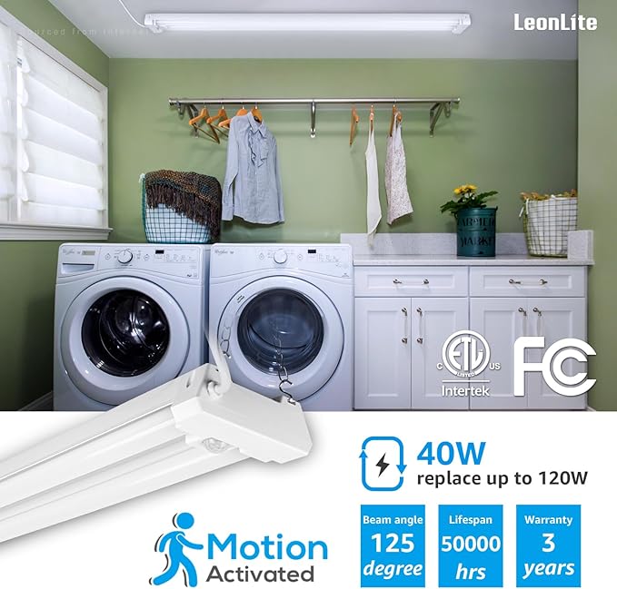 LEONLITE Motion Sensor 4FT LED Utility Shop Light, 40W Plug in Linkable Light Fixtures, for Garage, Workshop, 4000lm, 5000K Daylight, Suspension & Flush Mount, FCC, ETL Certified, Pack of 2
