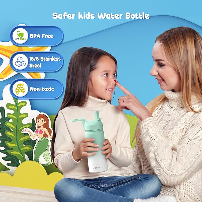 Kids Water Bottle, 16oz Kids Water Bottle with Stickers for School, insulated Stainless Steel Straw Cup(Green/White)