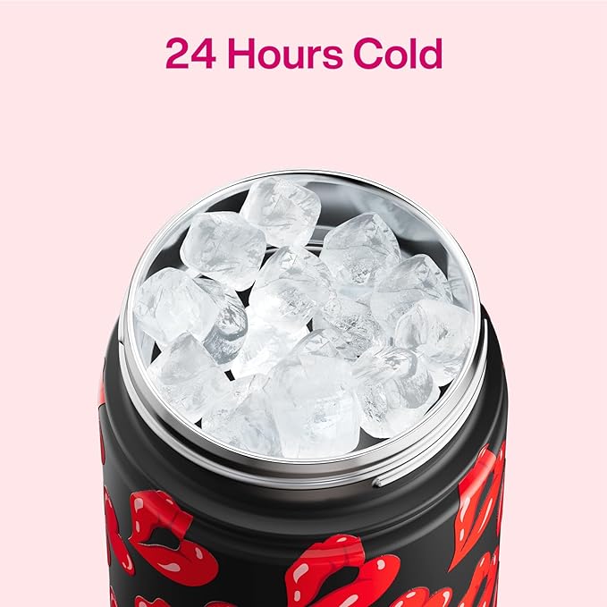 ENCOOL Valentine's Day Insulated Water Bottle with Straw Stainless Steel Water Bottle, Leak-Proof, BPA-Free, Keeps Cold for 24 Hours for Sports, Travel, School (26 oz, Kiss Love Red x Black)