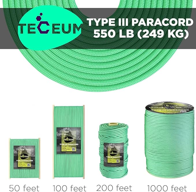 TECEUM Reflective Paracord Rope 1000 – 1000ft/200ft/100ft/50ft – 40+ Colors – Glow in The Dark – para Cord – Utility Rope for Survival, Hunting & Camping Gear – Nylon String, Camping Rope, Tent Cord